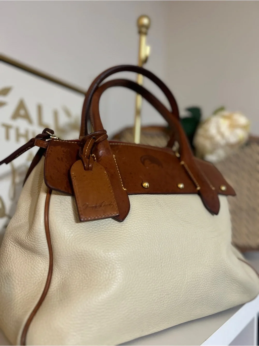Dooney & Bourke Cream Satchel with Brown Leather Trim